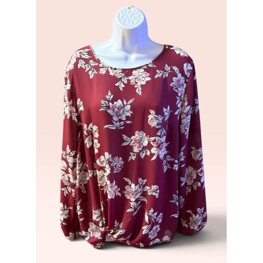 APT. 9 Women's XL Burgundy Floral Long Sleeve Blouse Twisted Knot Front Top
